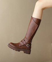 Load image into Gallery viewer, Chic Splicing Chunky Heel Boots Brown Faux Leather Fuzzy Wool Lined