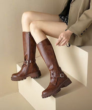 Load image into Gallery viewer, Chic Splicing Chunky Heel Boots Brown Faux Leather Fuzzy Wool Lined