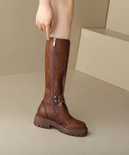 Load image into Gallery viewer, Chic Splicing Chunky Heel Boots Brown Faux Leather Fuzzy Wool Lined