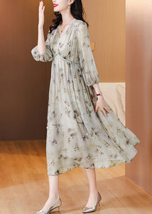 Chic V Neck Print Lace Up Chiffon Long Dress Lantern Sleeve