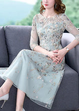 Load image into Gallery viewer, Chic Water Blue O-Neck Embroidered Floral Tunic Organza Long Dress Half Sleeve