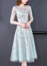 Load image into Gallery viewer, Chic Water Blue O-Neck Embroidered Floral Tunic Organza Long Dress Half Sleeve