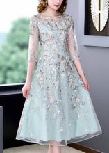 Load image into Gallery viewer, Chic Water Blue O-Neck Embroidered Floral Tunic Organza Long Dress Half Sleeve