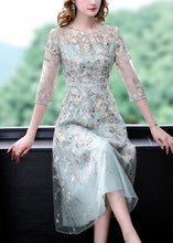 Load image into Gallery viewer, Chic Water Blue O-Neck Embroidered Floral Tunic Organza Long Dress Half Sleeve