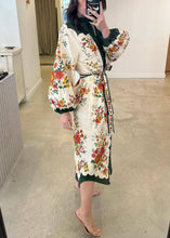 Load image into Gallery viewer, Chic White Print Pockets Tie Waist Linen Shirts Dresses Long Sleeve