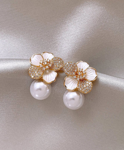 Chic White Sterling Silver Overgild Zircon Pearl Floral Stud Earrings