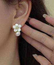 Load image into Gallery viewer, Chic White Sterling Silver Overgild Zircon Pearl Floral Stud Earrings