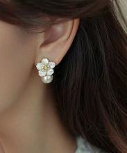 Load image into Gallery viewer, Chic White Sterling Silver Overgild Zircon Pearl Floral Stud Earrings