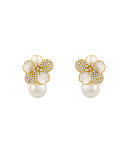 Chic White Sterling Silver Overgild Zircon Pearl Floral Stud Earrings