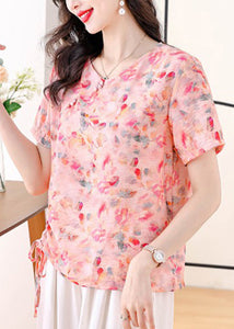 Chic Yellow O Neck Print Drawstring Cotton Shirt Summer