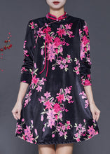 Load image into Gallery viewer, Chinese Style Black Print Silk Velvet Mini Dresses Spring