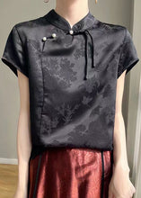 Load image into Gallery viewer, Chinese Style Black Solid Button Silk Top Short Sleeve