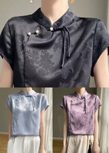 Load image into Gallery viewer, Chinese Style Black Solid Button Silk Top Short Sleeve