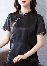 Load image into Gallery viewer, Chinese Style Black Stand Collar Embroidered Silk Top Summer