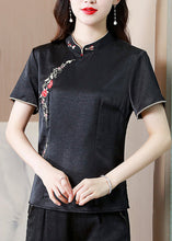 Load image into Gallery viewer, Chinese Style Black Stand Collar Embroidered Silk Top Summer