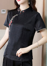 Load image into Gallery viewer, Chinese Style Black Stand Collar Embroidered Silk Top Summer