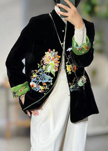 Chinese Style Black Stand Collar Embroidered Patchwork Velour Coats Fall