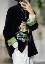 Load image into Gallery viewer, Chinese Style Black Stand Collar Embroidered Patchwork Velour Coats Fall