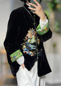 Chinese Style Black Stand Collar Embroidered Patchwork Velour Coats Fall