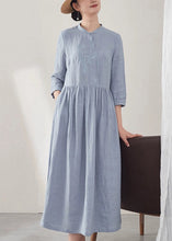 Load image into Gallery viewer, Chinese Style Blue Embroidered Pockets Patchwork Linen Dress Summer