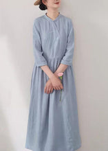 Load image into Gallery viewer, Chinese Style Blue Embroidered Pockets Patchwork Linen Dress Summer