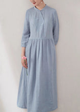 Load image into Gallery viewer, Chinese Style Blue Embroidered Pockets Patchwork Linen Dress Summer