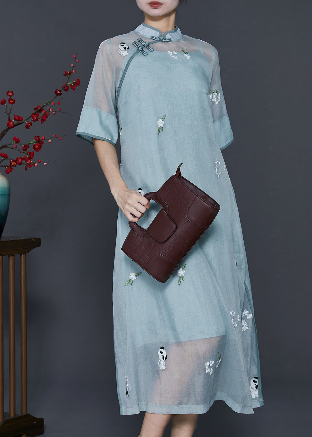 Chinese Style Blue Grey Embroidered Silk Dresses Two Piece Set Summer