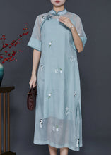 Load image into Gallery viewer, Chinese Style Blue Grey Embroidered Silk Dresses Two Piece Set Summer