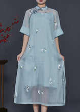 Load image into Gallery viewer, Chinese Style Blue Grey Embroidered Silk Dresses Two Piece Set Summer