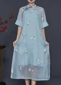 Chinese Style Blue Grey Embroidered Silk Dresses Two Piece Set Summer