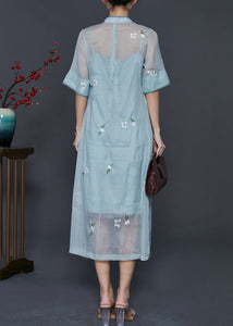 Chinese Style Blue Grey Embroidered Silk Dresses Two Piece Set Summer