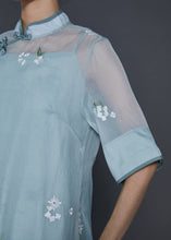 Load image into Gallery viewer, Chinese Style Blue Grey Embroidered Silk Dresses Two Piece Set Summer