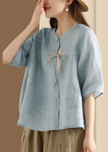 Load image into Gallery viewer, Chinese Style Blue Stand Collar Button Linen Shirt Top Summer