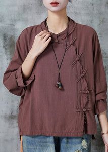 Chinese Style Brown Oversized Linen Shirt Top Spring