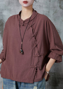 Chinese Style Brown Oversized Linen Shirt Top Spring