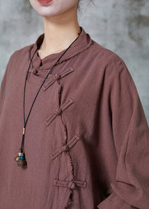 Chinese Style Brown Oversized Linen Shirt Top Spring