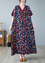 Load image into Gallery viewer, Chinese Style Dark Blue V Neck Print Patchwork Long Dresses Short Sleeve