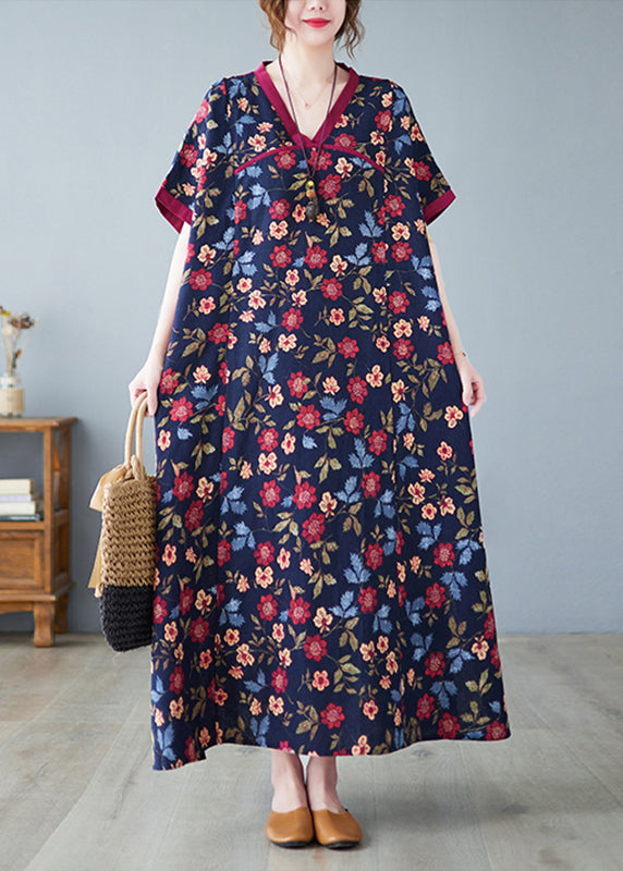 Chinese Style Dark Blue V Neck Print Patchwork Long Dresses Short Sleeve