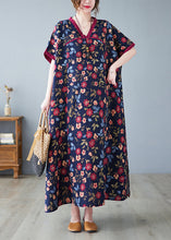 Load image into Gallery viewer, Chinese Style Dark Blue V Neck Print Patchwork Long Dresses Short Sleeve