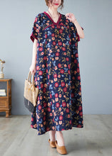 Load image into Gallery viewer, Chinese Style Dark Blue V Neck Print Patchwork Long Dresses Short Sleeve