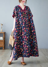 Load image into Gallery viewer, Chinese Style Dark Blue V Neck Print Patchwork Long Dresses Short Sleeve