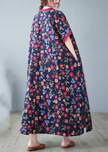 Load image into Gallery viewer, Chinese Style Dark Blue V Neck Print Patchwork Long Dresses Short Sleeve