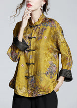 Load image into Gallery viewer, Chinese Style Golden Brown Stand Collar Button Print Silk Coats Long Sleeve