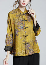 Load image into Gallery viewer, Chinese Style Golden Brown Stand Collar Button Print Silk Coats Long Sleeve