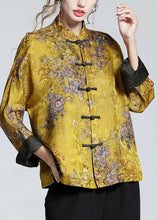 Load image into Gallery viewer, Chinese Style Golden Brown Stand Collar Button Print Silk Coats Long Sleeve