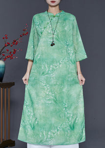 Chinese Style Grass Green Print Linen Vacation Dresses Summer