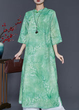 Load image into Gallery viewer, Chinese Style Grass Green Print Linen Vacation Dresses Summer