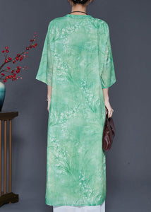 Chinese Style Grass Green Print Linen Vacation Dresses Summer