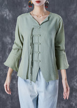 Load image into Gallery viewer, Chinese Style Green Grey Tasseled Linen Shirt Top Flare Sleeve