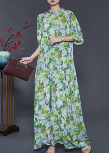 Chinese Style Green Print Cotton Cheongsam Dresses Summer